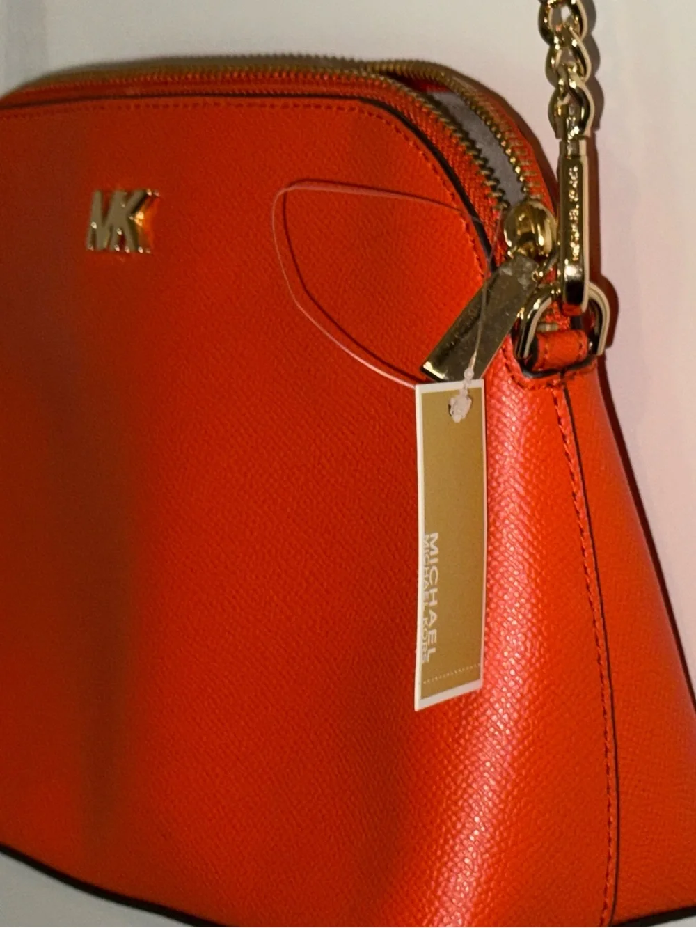 Michael Kors Tan-Orange Leather Dome Crossbody with Gold MK Logo